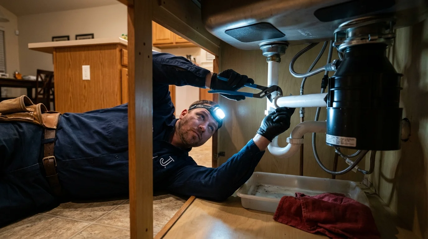 P-trap and supply line connections under a kitchen sink showing a common leak point in Mount Hope, WV
